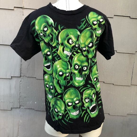 2001 Rare Vintage Liquid Blue Green Skull Pile Mens Shirt Small aso Travis Scott - Picture 1 of 8